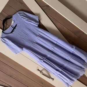 Lavender Tiered Dress new with stretch front&back bust. Layered 44” shoulder-hem